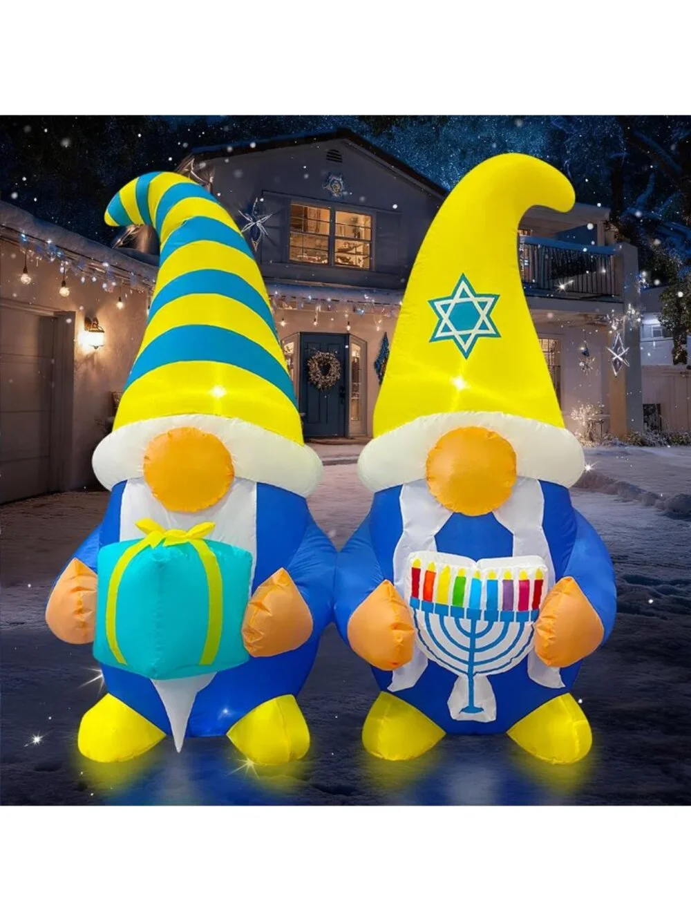 4FT Inflatable Hanukkah Gnomes with Menorah & Gift Box - LED Outdoor Decor